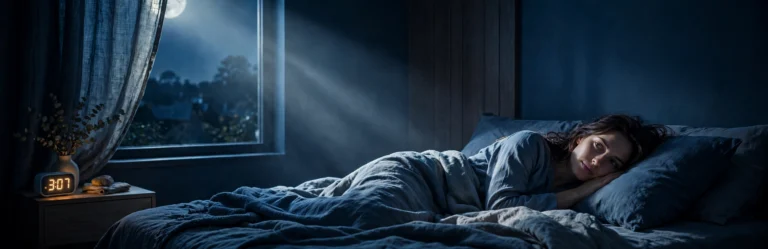 Müde Frau liegt nachts um 3 Uhr wach im Bett, Wecker zeigt 3:07 — die Stunde des Wolfes
