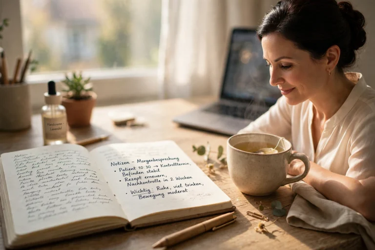 Jana, die KI-Assistentin, als Mensch am hellen Praxisschreibtisch im Morgenlicht