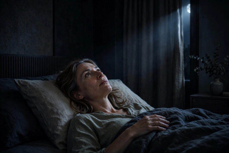 Wach liegende Frau nachts im Bett – Gedankenkarussell beim Einschlafen