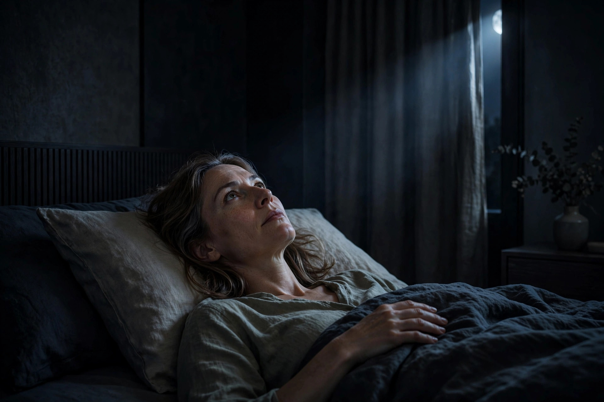 Wach liegende Frau nachts im Bett – Gedankenkarussell beim Einschlafen