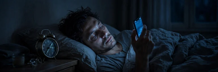 Mann liegt nachts wach im Bett und scrollt auf dem Smartphone, Wecker zeigt 3:07 Uhr