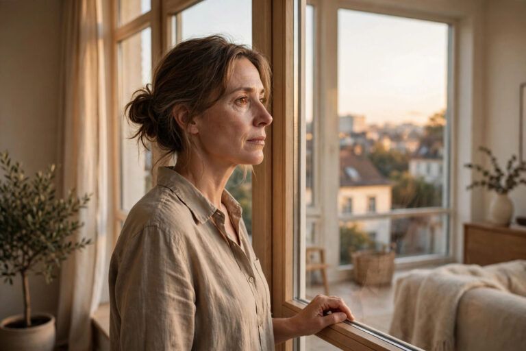 Erschöpfte Frau am Fenster im Nachmittagslicht – chronischer Stress und Erschöpfung