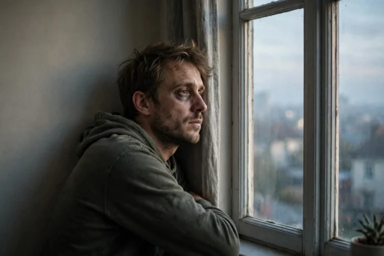 Erschöpfte Person am Fenster im Morgenlicht — Symbol für Burnout und die Debatte um Anerkennung als Berufskrankheit.